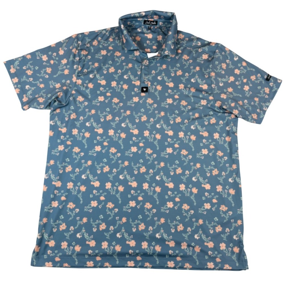 Bad Birdie Mens Golf Polo Shirt 2XL Blue Peach Floral Performance Stretch Short
